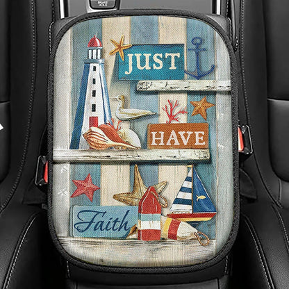 Just Have Faith Pretty Lighthouse Ocean Seat Box Cover, Bible Verse Car Center Console Cover, Christian Car Interior Accessories