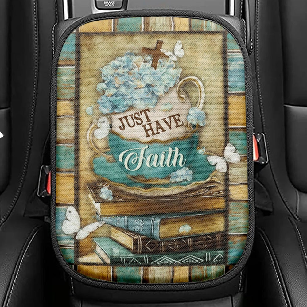Just Have Faith Tea Cup Book Butterfly Seat Box Cover, Christian Car Center Console Cover, Bible Verse Car Interior Accessories