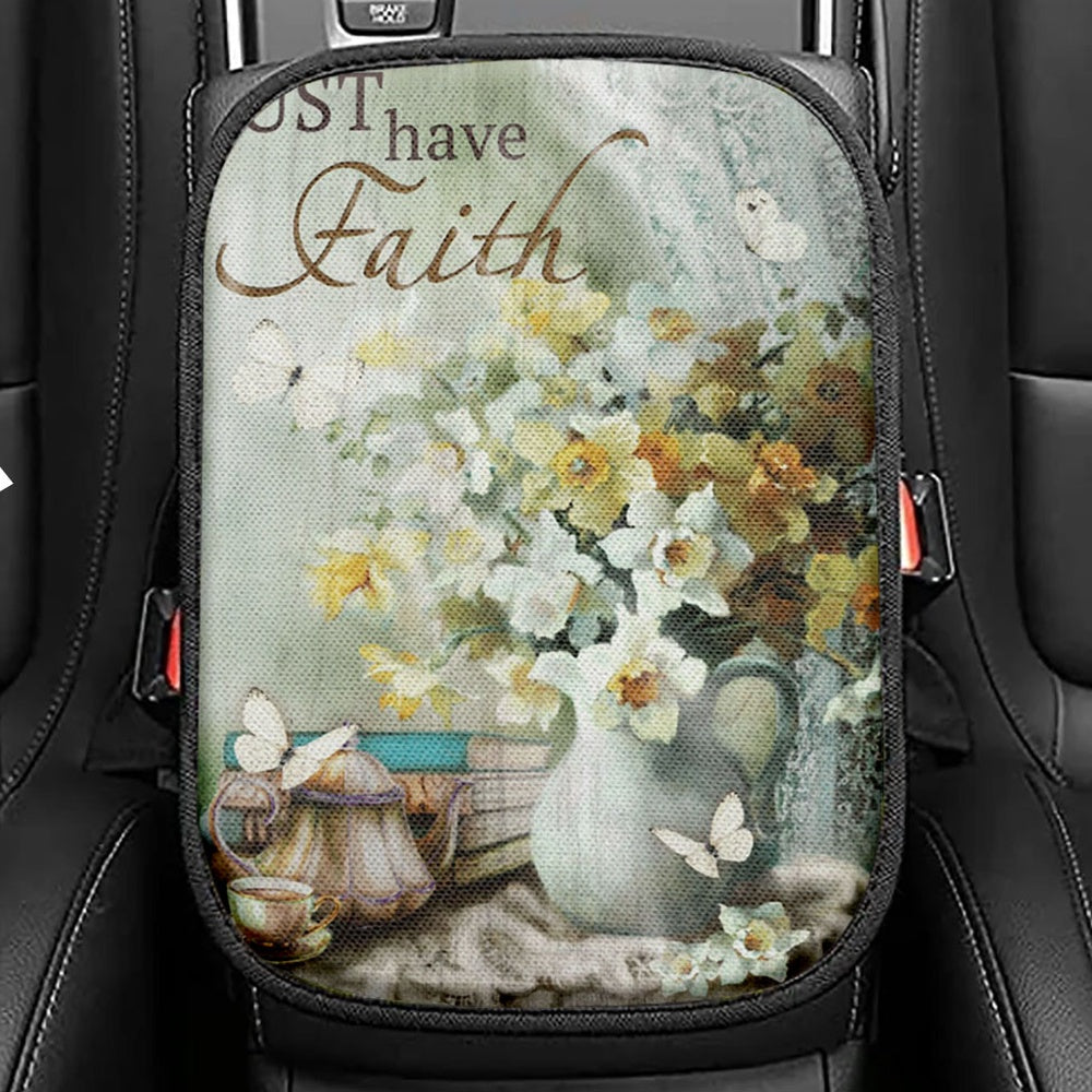 Just Have Faith Vase Flower Butterfly Seat Box Cover, Christian Car Center Console Cover, Bible Verse Car Interior Accessories