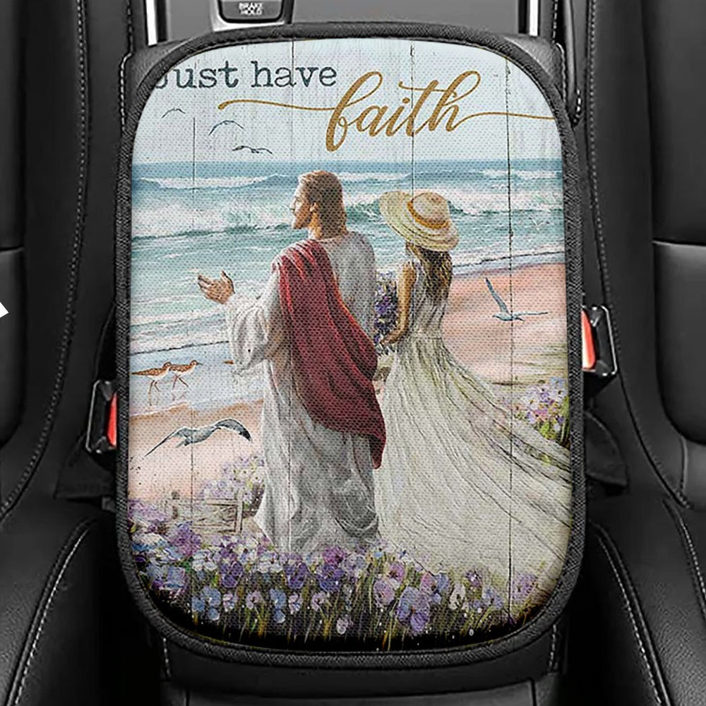 Just Have Faith Walk With Jesus Blue Ocean Seat Box Cover, Christian Car Center Console Cover, Bible Verse Car Interior Accessories