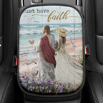 Just Have Faith Walk With Jesus Blue Ocean Seat Box Cover, Christian Car Center Console Cover, Bible Verse Car Interior Accessories