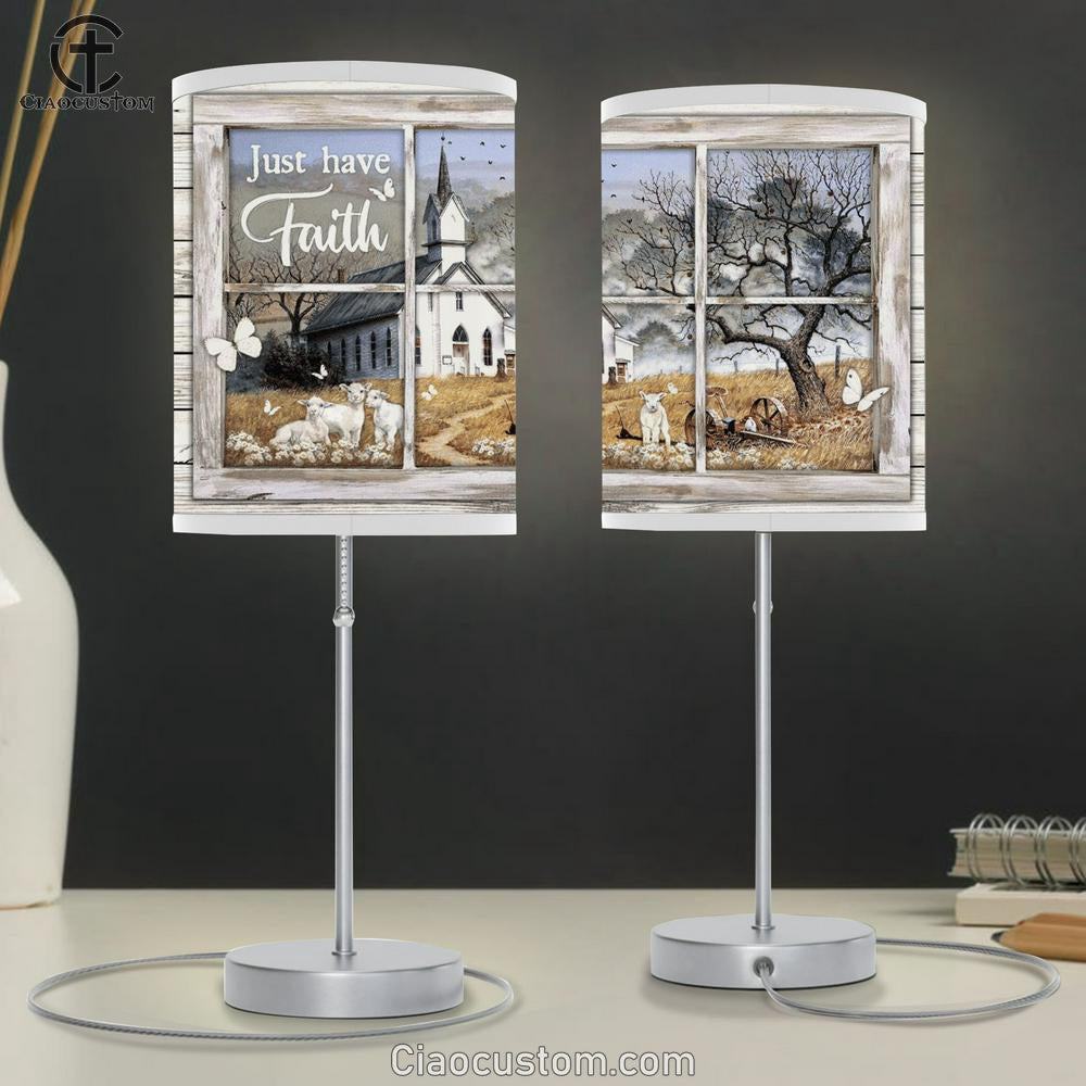 Just Have Faith, White Church, Sheep, Butterfly, Countryside Table Lamp