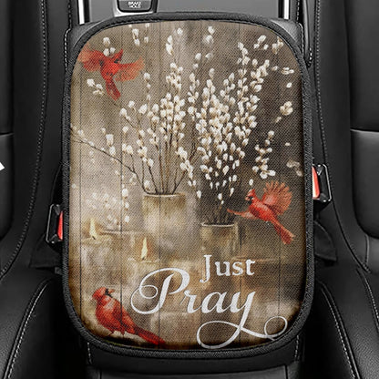 Just Pray Red Cardinal Candle God Seat Box Cover, Christian Car Center Console Cover, Bible Verse Car Interior Accessories