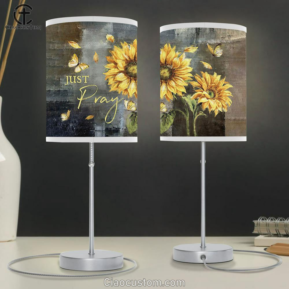 Just Pray Sunflower Yellow Butterfly Table Lamp Art - Bible Verse Lamp Art - Room Decor Christian