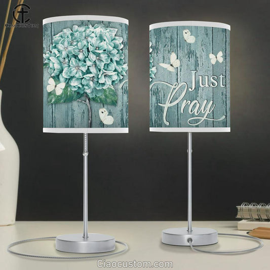 Just Pray White Butterfly Hydrangea Large Table Lamp - Christian Table Lamp Prints - Religious Table Lamp Art