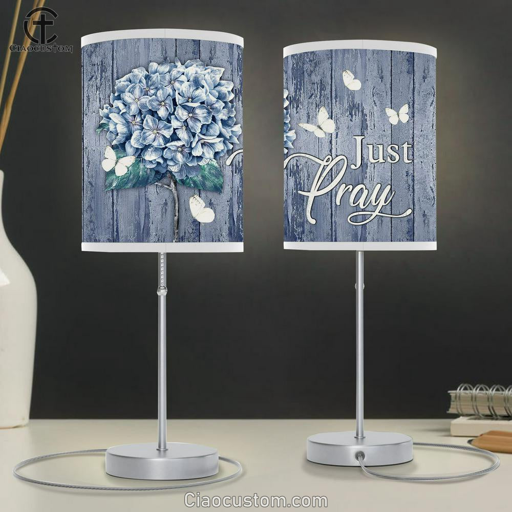 Just Pray White Butterfly Hydrangea Table Lamp Art - Bible Verse Lamp Art - Room Decor Christian