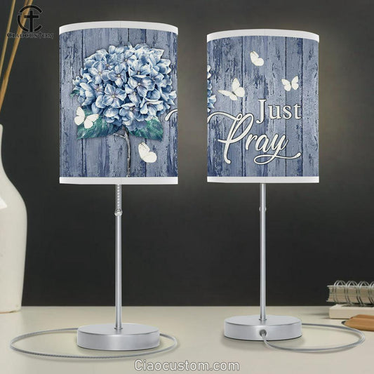 Just Pray White Butterfly Hydrangea Table Lamp Art - Bible Verse Lamp Art - Room Decor Christian