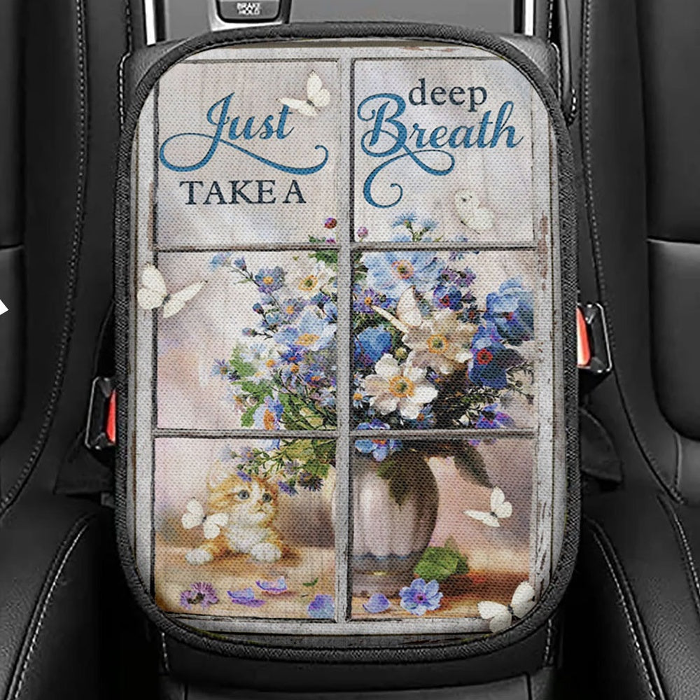 Just Take A Deep Breath Flower Butterfly Cat Seat Box Cover, Christian Car Center Console Cover, Bible Verse Car Interior Accessories