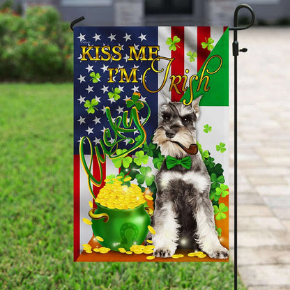 Kiss Me I'm Irish Miniature Schnauzer House Flag - St Patrick's Day Garden Flag - Outdoor St Patrick's Day Decor