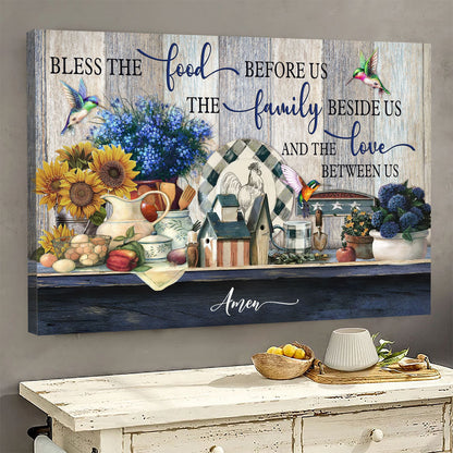 Kitchen Painting Blue Flower Jesus Bless The Food Before Us Canvas Wall Art - Jesus Canvas Pictures - Christian Wall Posters