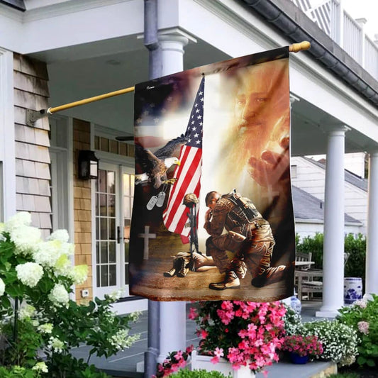 Kneel Before Jesus And Soldier's Cross House Flags - Christian Garden Flags - Outdoor Christian Flag