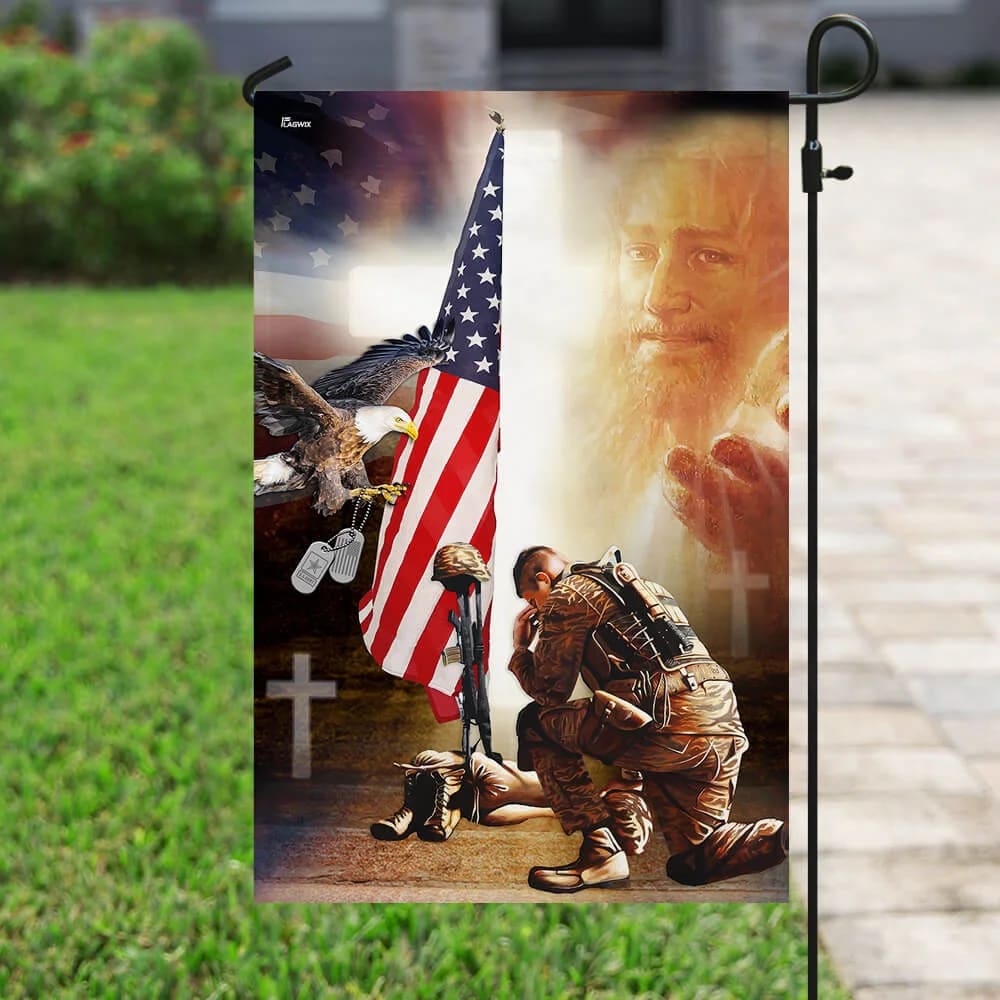 Kneel Before Jesus And Soldier's Cross House Flags - Christian Garden Flags - Outdoor Christian Flag