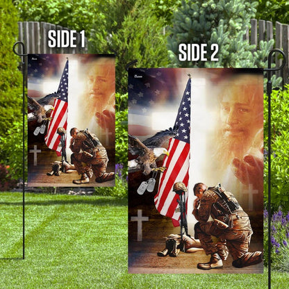 Kneel Before Jesus And Soldier's Cross House Flags - Christian Garden Flags - Outdoor Christian Flag