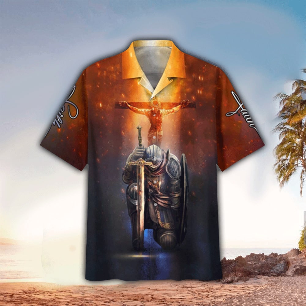 Kneeling Knight Faith Jesus Cross Hawaiian Shirt - Christian Hawaiian Shirts For Men & Women