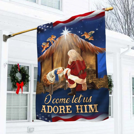 Kneeling Santa Flag O Come Let Us Adore Him - Christmas Garden Flag - Christmas House Flag - Christmas Outdoor Decoration