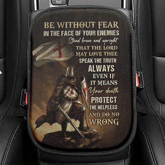 Knight Armor Of God Jesus Painting Seat Box Cover, Be Without Fear In The Face Of Your Enemies Car Center Console Cover, Christian Car Armrest Cover