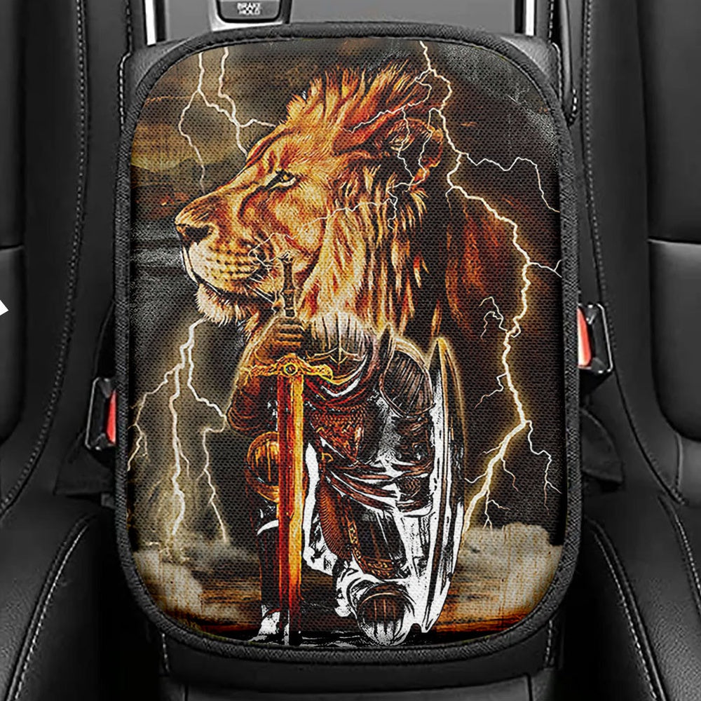 Knight Kneel In Front Of Lion Jesus Christ Warrior Seat Box Cover, Christian Car Center Console Cover, Religious Car Interior Accessories
