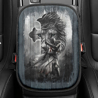 Knight Lion Of Judah And The Cross Seat Box Cover, Lion Car Center Console Cover, Christian Car Interior Accessories