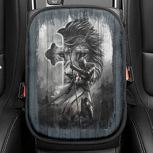 Knight Lion Of Judah And The Cross Seat Box Cover, Lion Car Center Console Cover, Christian Car Interior Accessories