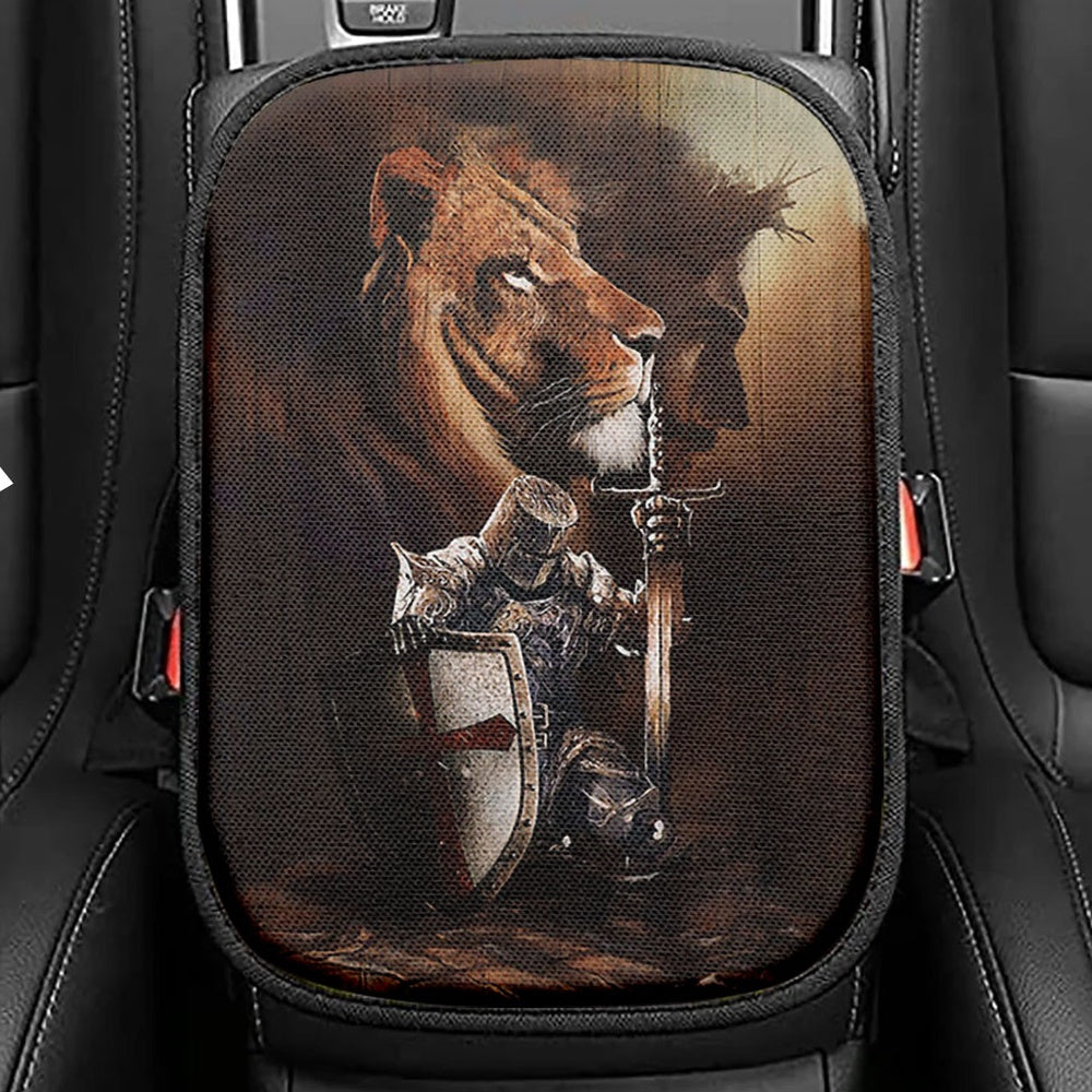 Knight Of God Lion Of Judah Serving The Lord Seat Box Cover, Lion Car Center Console Cover, Christian Car Interior Accessories