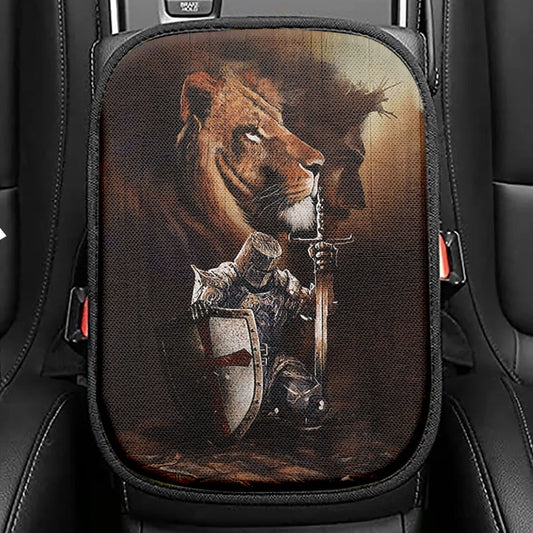 Knight Of God Lion Of Judah Serving The Lord Seat Box Cover, Lion Car Center Console Cover, Christian Car Interior Accessories