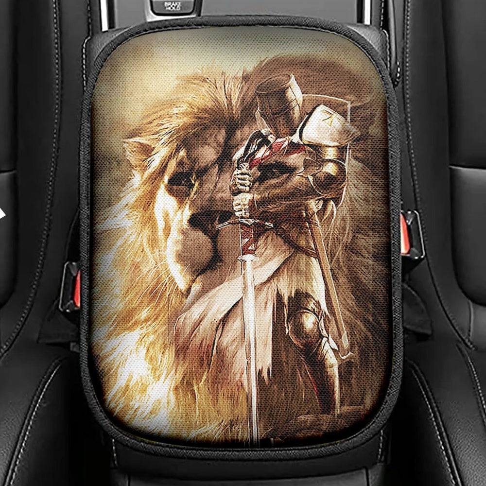 Knight Of God The Lion Of Judah Seat Box Cover, Christian Car Center Console Cover, Religious Car Interior Accessories
