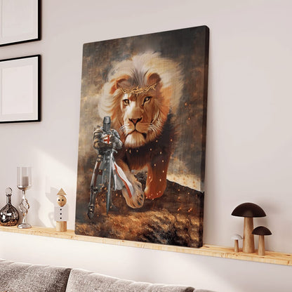Knight Templar And Lion Canvas Wall Art - Christian Wall Posters - Religious Wall Decor