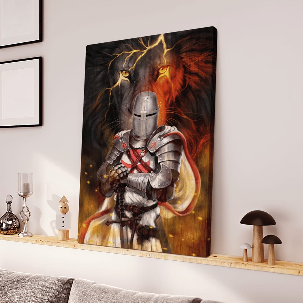 Knight Templar And Lion Jesus Canvas Wall Art - Christian Wall Posters - Religious Wall Decor