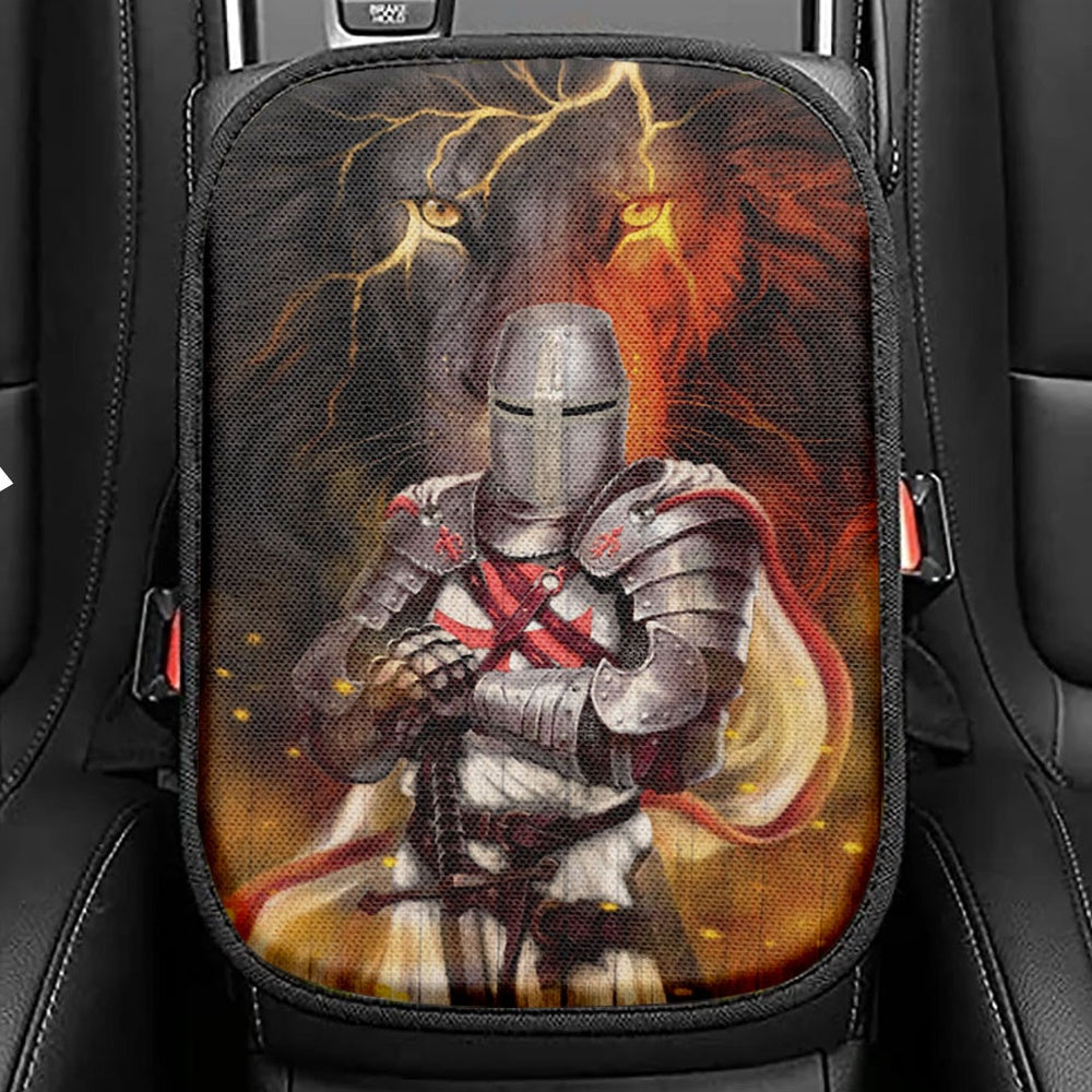 Knight Templar And Lion Jesus Seat Box Cover, Jesus Christ Car Center Console Cover, Christian Car Interior Accessories