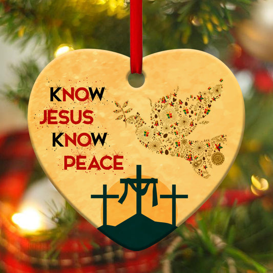 Know Jesus, Know Peace - Pigeon Ceramic Heart Ornament - Gift For Christmas