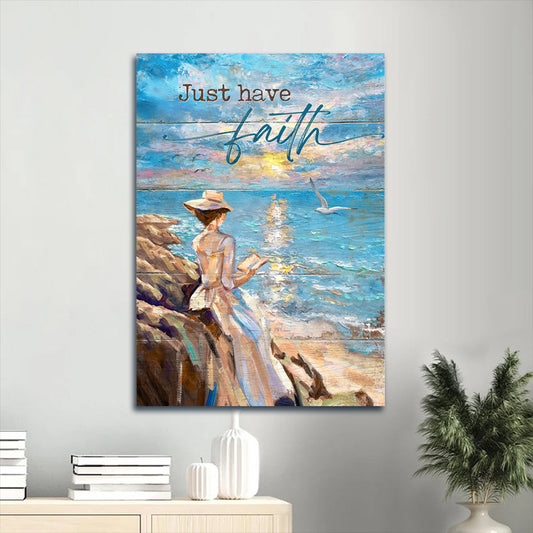 Lady Reading Book Sunrise Ocean Flying Seagull Just Have Faith Canvas Wall Art - Christian Gift