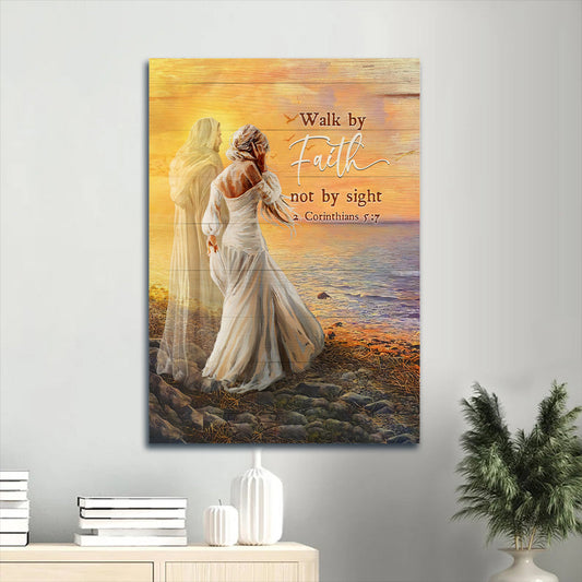 Lady Walking With Jesus Sea Sunset Walk By Faith Not By Sight Canvas Wall Art - Christian Gift