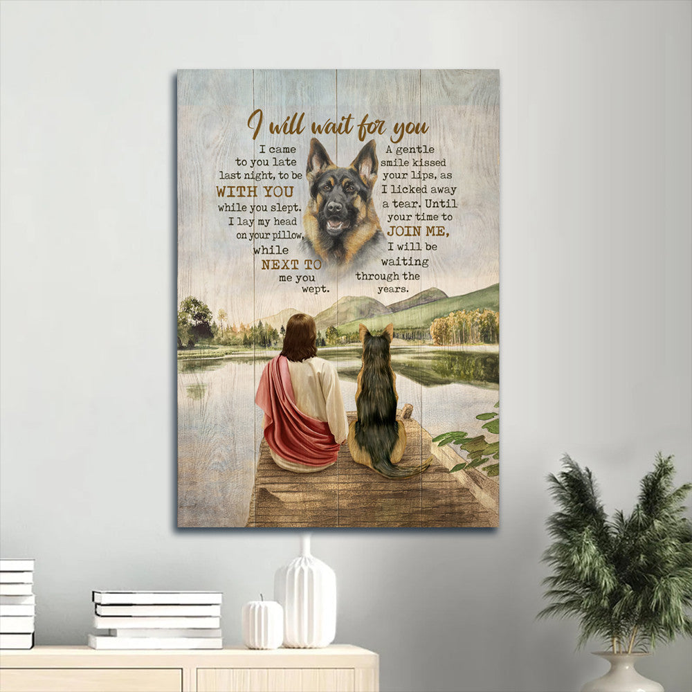 Lake German Shepherd Jesus Drawing Dog Painting I Will Wait For You Canvas Wall Art - Christian Gift