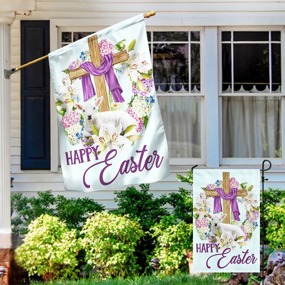 Lamb Christian Cross Happy Easter Flag - Religious Easter House Flags - Christian Flag