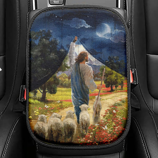 Lamb Of God Flower Field Jesus The Good Shepherd Seat Box Cover, Lion Car Center Console Cover, Christian Car Interior Accessories