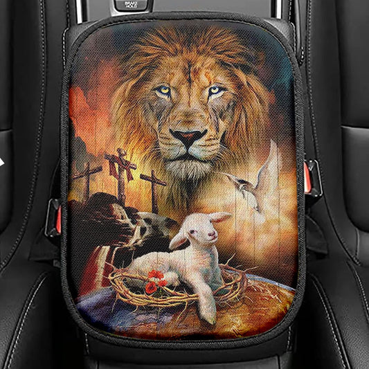 Lamb Of God Holy Spirit Dove Lion Of Judah Seat Box Cover, Lion Car Center Console Cover, Christian Car Interior Accessories