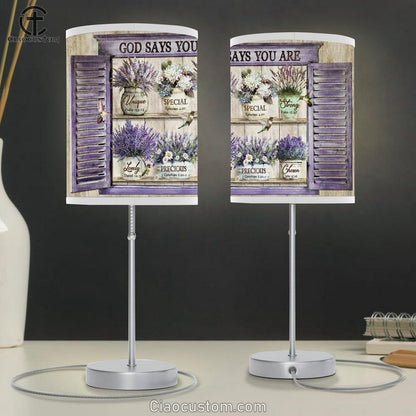 Lavender Vase, Hummingbird, Purple Window, God Says You Are Table Lamp