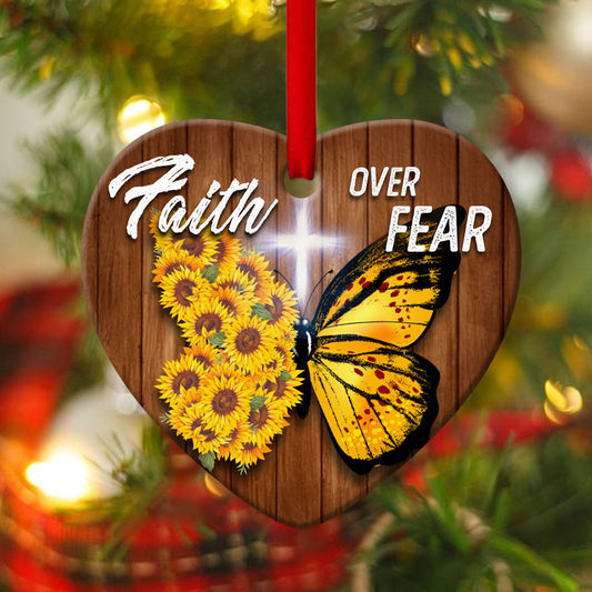 Let Faith Be Bigger Than Fear - Sunflower Ceramic Heart Ornament - Christian Gift For Friends
