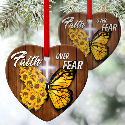 Let Faith Be Bigger Than Fear - Sunflower Ceramic Heart Ornament - Christian Gift For Friends