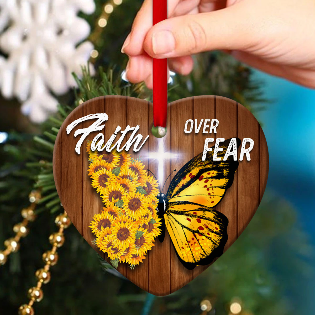 Let Faith Be Bigger Than Fear - Sunflower Ceramic Heart Ornament - Christian Gift For Friends