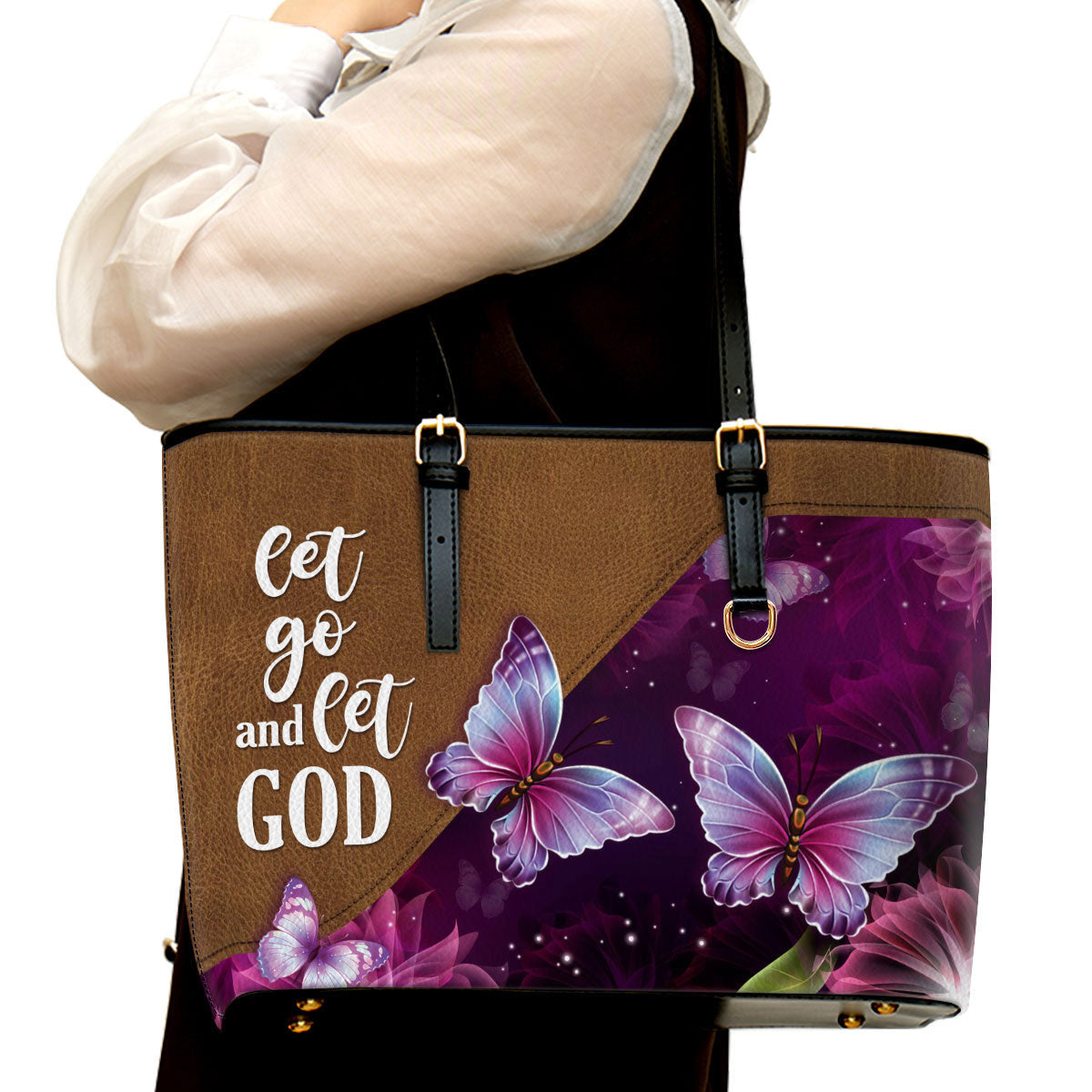 Let Go And Let God Butterfly Large Leather Tote Bag - Christ Gifts For Religious Women - Best Mother's Day Gifts