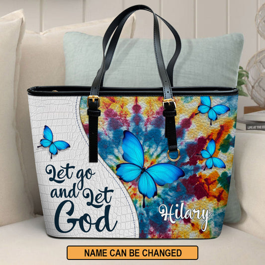 Let Go And Let God Personalized Large Leather Tote Bag - Christian Inspirational Gifts For Women