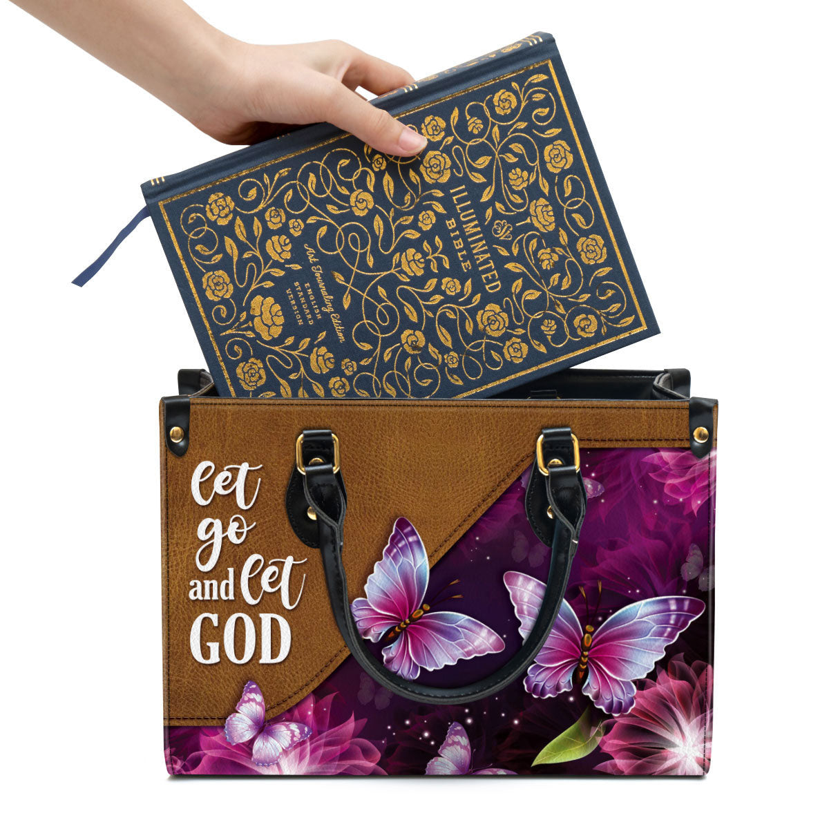 Let Go And Let God Pretty Butterfly Leather Handbag - Religious Gifts For Women - Women Pu Leather Bag