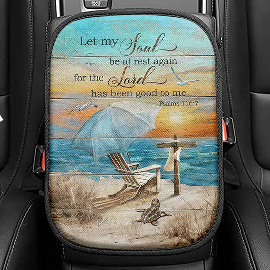 Let My Soul Be At Rest Again Blue Ocean Sunset Wooden Cross Seat Box Cover, Bible Verse Car Center Console Cover, Christian Car Interior Accessories