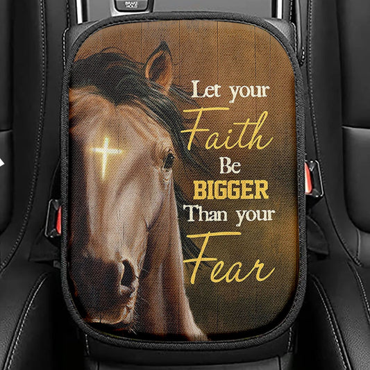 Let Your Faith Be Bigger Than Your Fear Face Of Horse Cross Seat Box Cover, Lion Car Center Console Cover, Christian Car Interior Accessories
