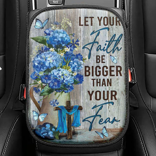 Let Your Faith Be Bigger Than Your Fear Flower Blue Butterfly Seat Box Cover, Lion Car Center Console Cover, Christian Car Interior Accessories