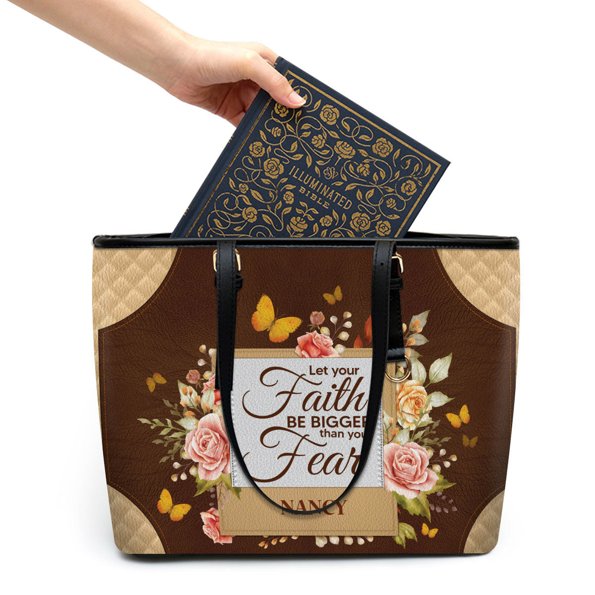 Let Your Faith Be Bigger Than Your Fear Personalized Pu Leather Tote Bag For Women - Mom Gifts For Mothers Day