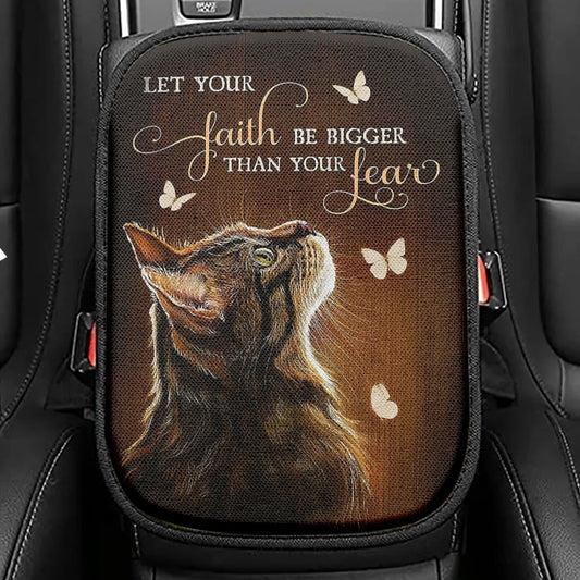 Let Your Faith Tabby Cat White Butterfly Seat Box Cover, Christian Car Center Console Cover, Gift For Cat Lover