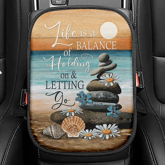 Life Is A Balance Of Holding On And Letting Go Seat Box Cover, Beach Scene Pebble Daisy Flower Car Center Console Cover, Christian Car Armrest Cover
