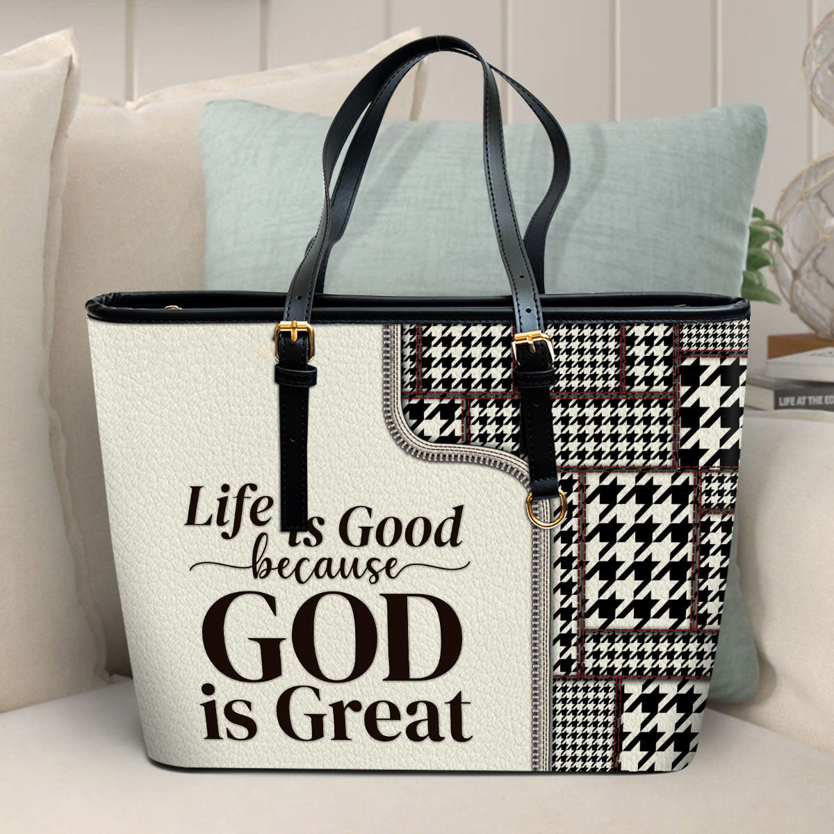 Life Is Good Because God Is Great Large Leather Tote Bag - Christ Gifts For Religious Women - Best Mother's Day Gifts
